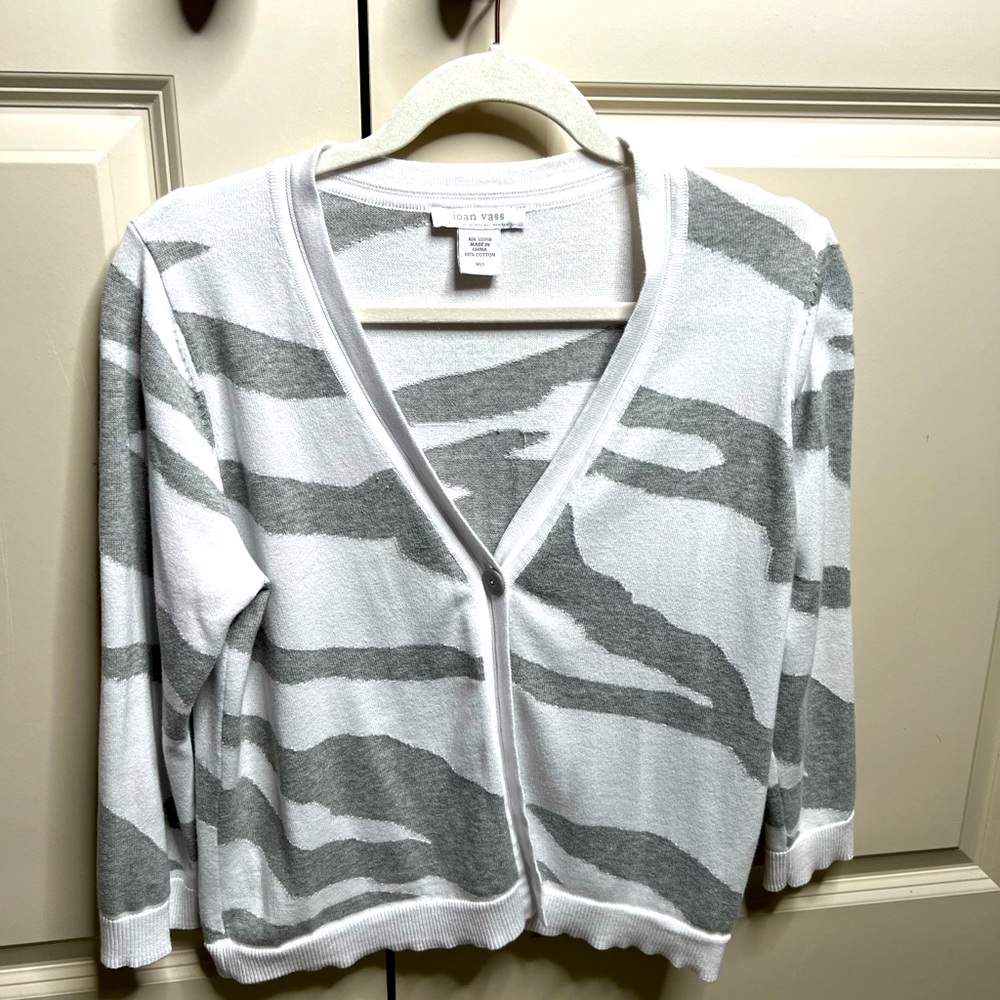 Joan Vass Cardigan- white and gray. 100% cotton. Size Medium